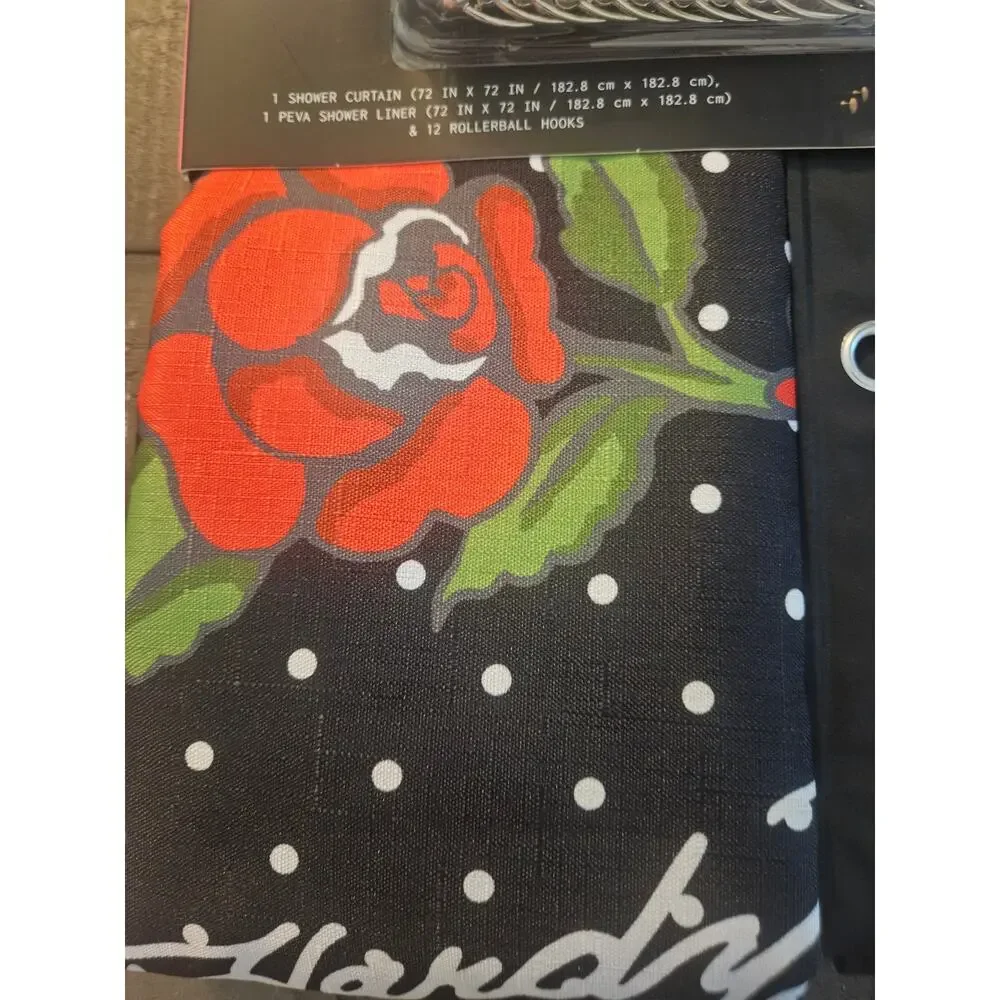 Ed Hardy 14 piece shower curtain set black red roses NWT Liner curtain and hooks